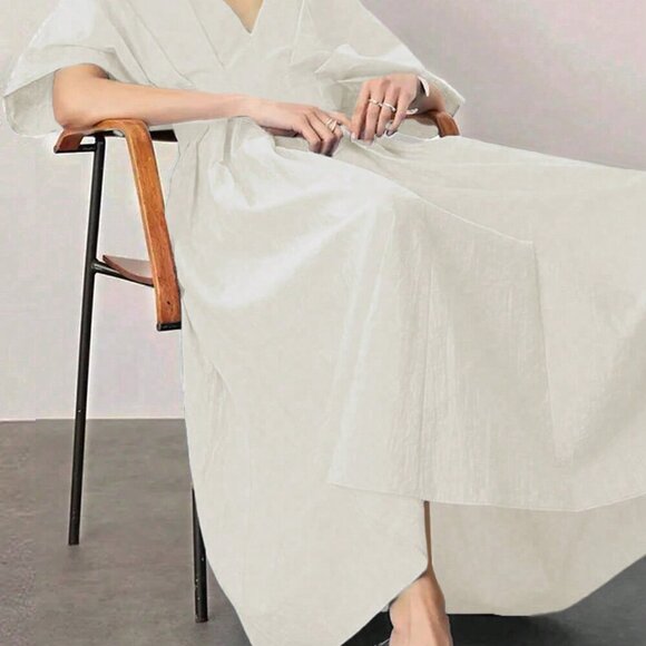 Apricot Casual Women's V-Neck Waist-Cinching Pleated Batwing Long Dress - Picture 5 of 5